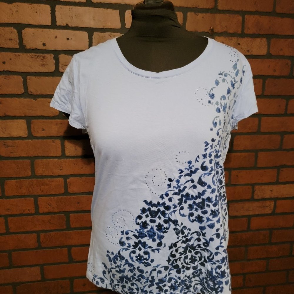 Style & Co.   short sleeve shirt.  Blue with screenprint design and embellishmen